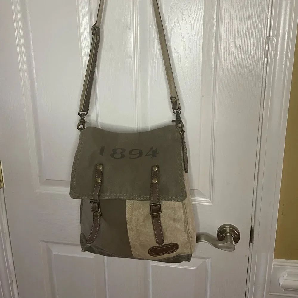 Myra Bags 1894 Upcycled Canvas Khaki & Olive green Messenger Bag leather strap